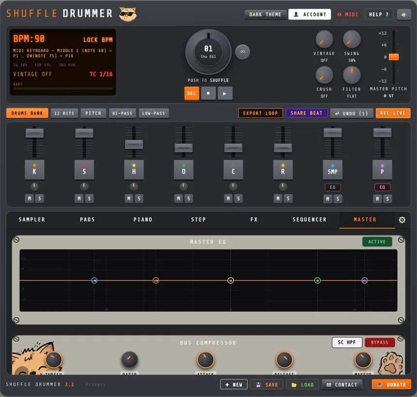 Online beat maker in Shuffle Drummer: the MASTER tab with a 5-band master EQ curve and the bus compressor knobs (threshold, ratio, attack, release, makeup) under the 8-channel mixer