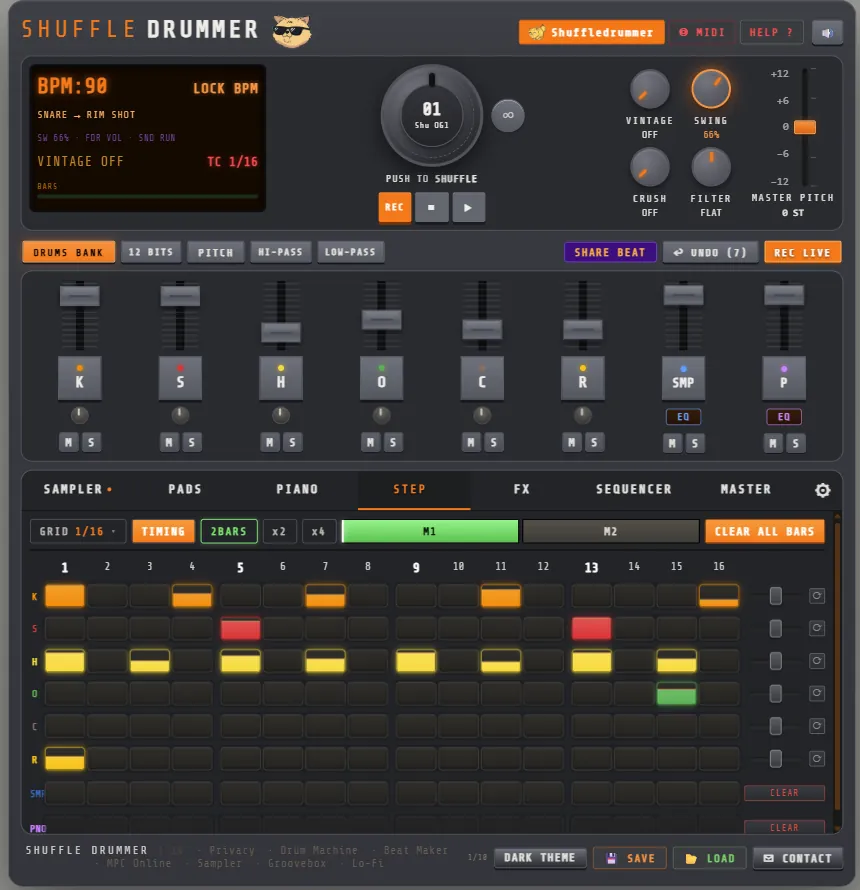 Boîte à rythmes en ligne Shuffle Drummer : séquenceur pas à pas de 16 pas avec pistes kick, snare et hi-hat, table de mixage et potards swing, vintage et filtre