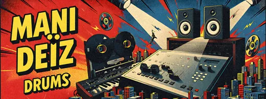 Copertina del kit di batteria Mani Deiz Drums, poster retrò anni 70