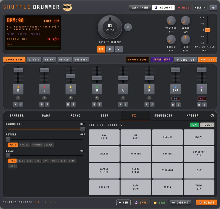 Lo-fi beat maker in Shuffle Drummer: the FX tab with reverb and delay sends and a 4x4 grid of master FX pads including cassette sim, vinyl sim, lo-fi, crusher, tape echo and grain