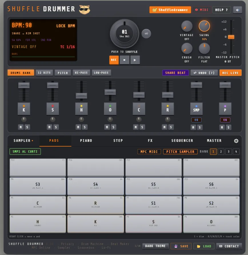 MPC-style pads online in Shuffle Drummer: a 4x4 pad grid with drum sounds and sample slices, bank buttons 1 to 4 and MPC MIDI mode