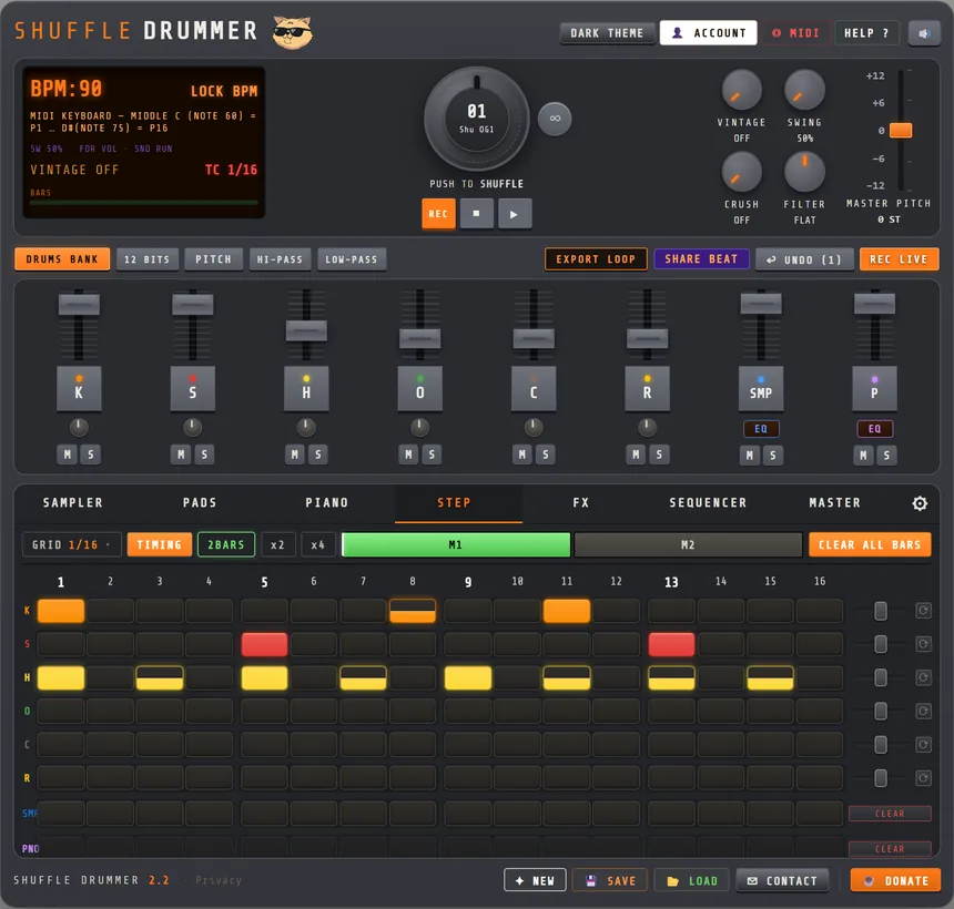 The STEP tab of the Shuffle Drummer online drum machine with a boom bap pattern: kick, snare and hi-hat steps on a 16-step grid