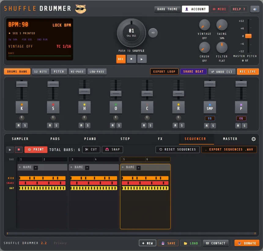 Online groovebox in Shuffle Drummer: the SEQUENCER tab in song mode with three printed pattern blocks showing kick, snare and hat lanes over six bars, plus PRINT, CUT and SNAP buttons