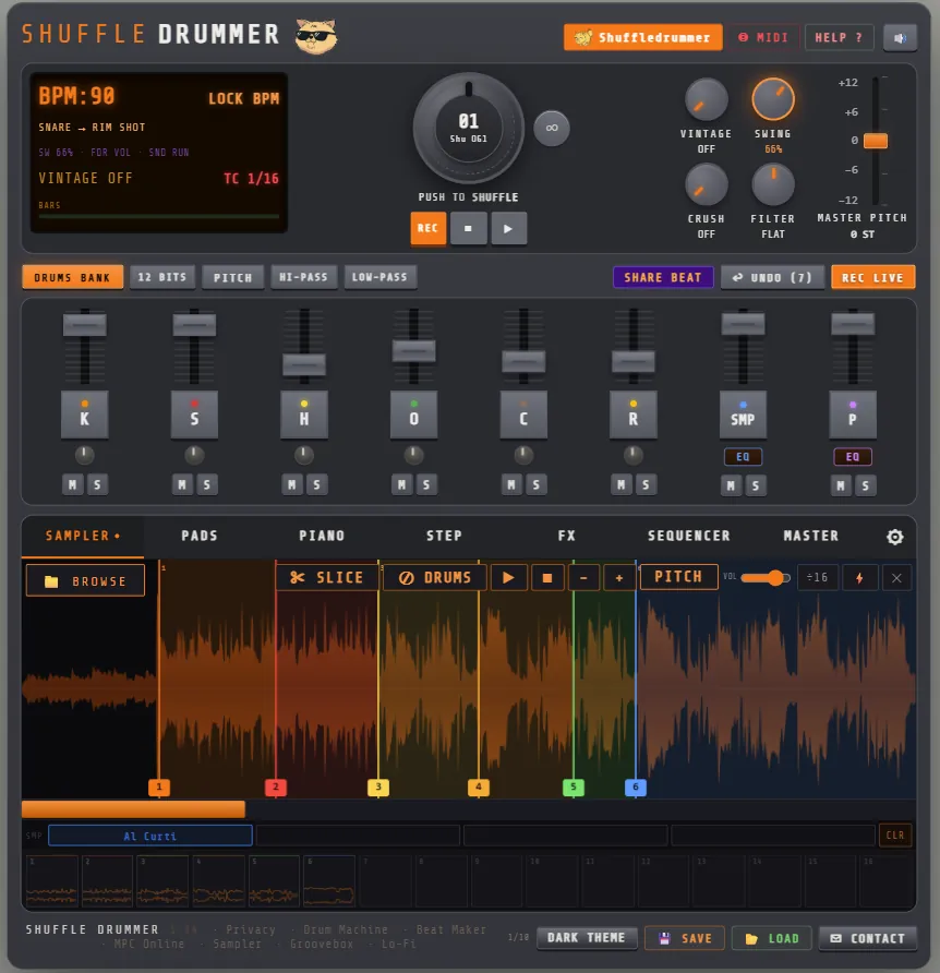 A waveform chopped into six colored slices in the Shuffle Drummer online sampler, with numbered markers and the SLICE, DRUMS and PITCH buttons