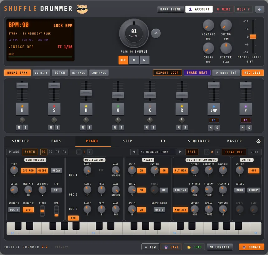 Online synth in Shuffle Drummer: the SYNTH panel in the PIANO tab with controllers, three oscillators, mixer, filter and contours, output section, preset 53 MIDNIGHT FUNK and the on-screen keyboard